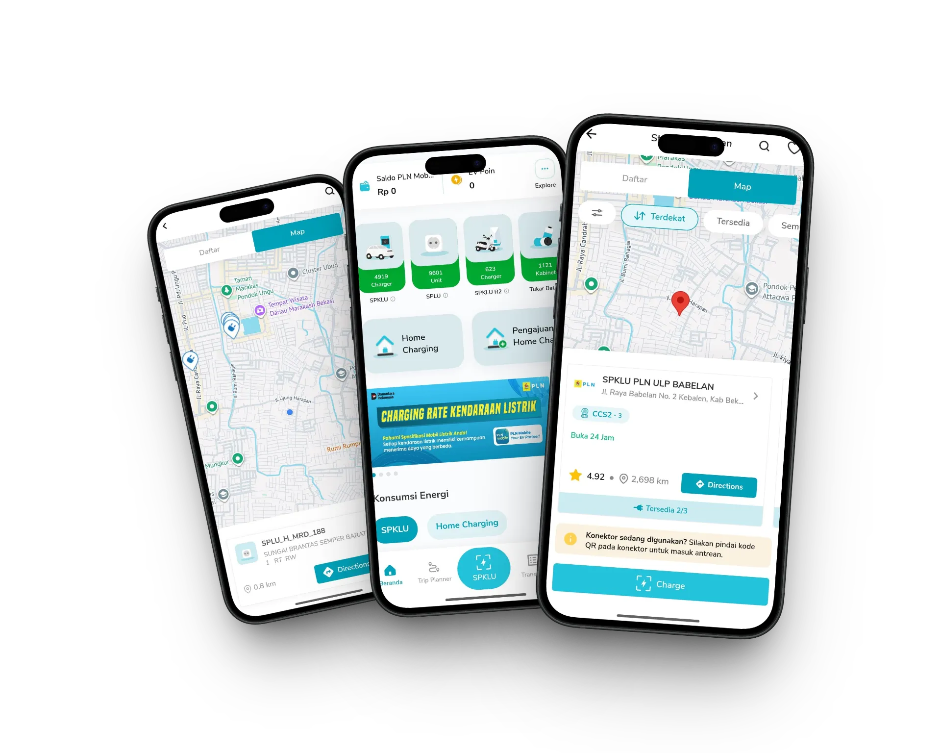 Visual aplikasi PLN Mobile dengan tiga tampilan layar ponsel.